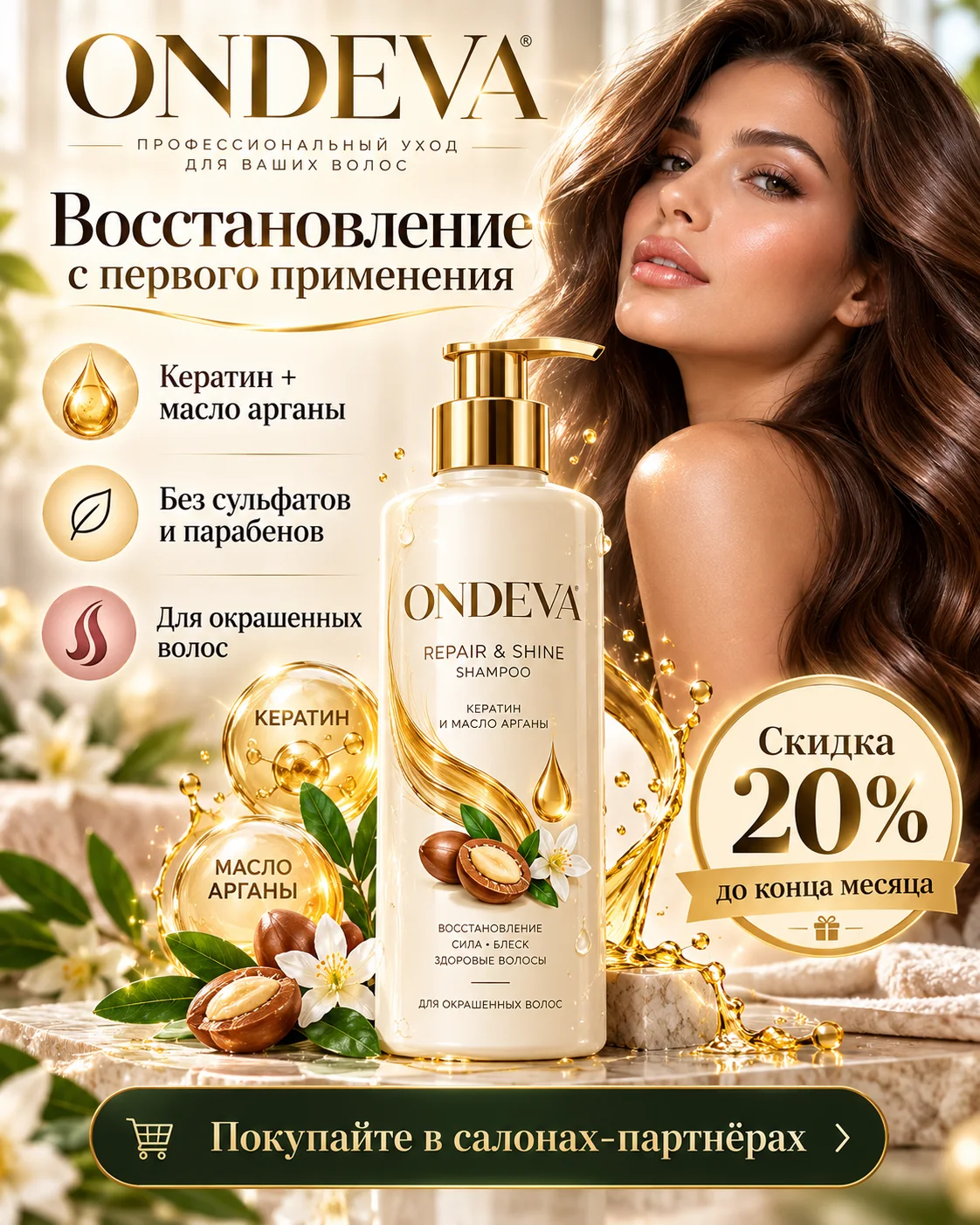 Рекламный пост ONDEVA без кита: золото, иконки, плашка со скидкой